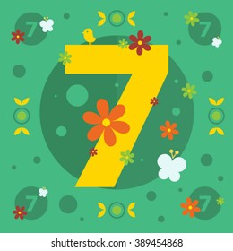 Number seven on a azure background with circles, leaves, flowers and butterflies