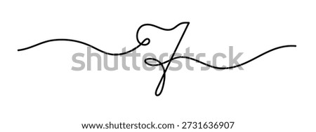 Number seven one line art, hand drawn 7 seventh sign continuous drawing contour, numeric mathematical outline minimalist numeral digit symbol outline. Editable stroke. Isolated. Vector illustration