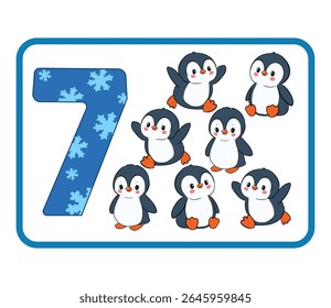 Número sete com pinguins Ártico animal Flashcard Vetor para a mão matemática adiantada desenhada 7