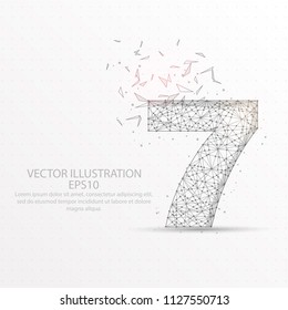 Number seven point, abstract mesh line and composition digitally drawn in the form of broken a part triangle shape and scattered dots low poly wire frame on white background.