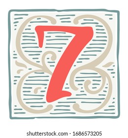 Logotipo número siete del renacimiento con patrón de línea. Tipo vectorial vintage perfecto para etiquetas de diseño premium, impresión medieval, afiches antiguos, etc.