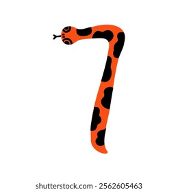 Number seven shaped as a snake with bold colors and patterns Snake symbol of the year. Vector hand drawn bold illustration