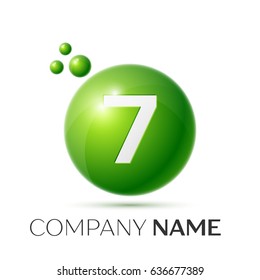 Number seven splash logo. Green dots and bubbles number design on grey background. Vector Illustration