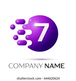 Number seven splash logo. Purple dots and bubbles number design on grey background. Vector Illustration
