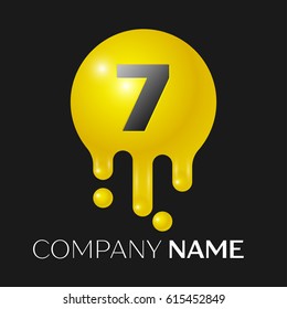 Number seven splash logo. Yellow dots and bubbles number design on grey background. Vector Illustration