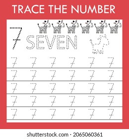 Number seven  stroke worksheet with animals zebras  for fine motor skills kids. Educational game for preschoolers.