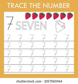 Number seven stroke worksheet with raspberries for fine motor skills kids. Educational game for preschoolers.