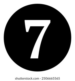 A number seven symbol in the center. Isolated white symbol in black circle. Vector illustration on white background