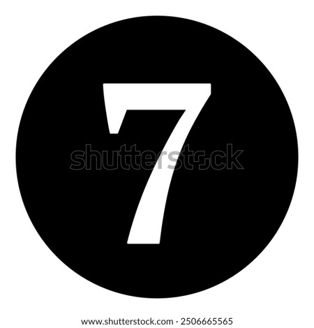 A number seven symbol in the center. Isolated white symbol in black circle. Vector illustration on white background