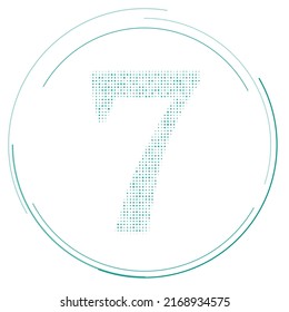 The number seven symbol filled with teal dots. Pointillism style. Vector illustration on white background