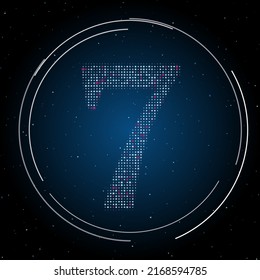 The number seven symbol filled with white dots. Pointillism style. Some dots is pink. Vector illustration on blue background with stars