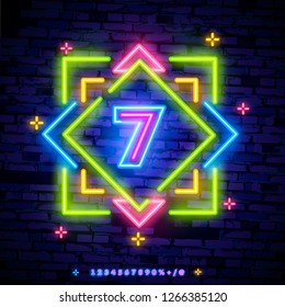 Number seven symbol neon sign vector. Seventh, Number seven template neon icon, light banner, neon signboard, nightly bright advertising, light inscription. Vector illustration