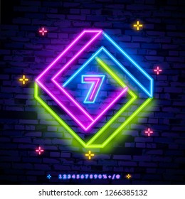 Number seven symbol neon sign vector. Seventh, Number seven template neon icon, light banner, neon signboard, nightly bright advertising, light inscription. Vector illustration