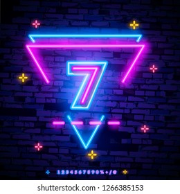 Number seven symbol neon sign vector. Seventh, Number seven template neon icon, light banner, neon signboard, nightly bright advertising, light inscription. Vector illustration