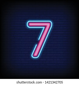Number Seven symbol neon sign with a Brick Wall Background. template neon icon  light banner  neon signboard  nightly bright advertising  light inscription. vector illustration