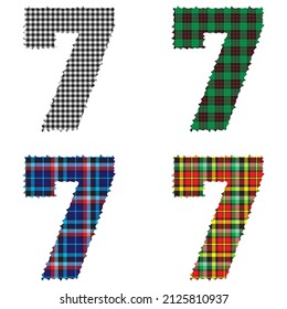 Number Seven With Textile Texture. Number 7 With Plaid Pattern Isolated On A White Background
