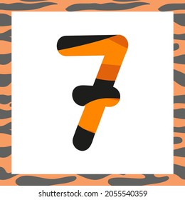 Number seven with tiger pattern. Festive font and frame from orange with black stripes, symbol for New Year and Christmas