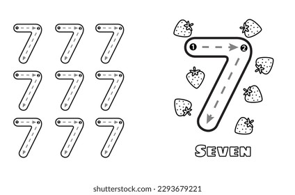 Número Siete hoja de trabajo de práctica de seguimiento para niños y niños pequeños. Escritura a mano ilustración vectorial de seguimiento de jardines de infancia preescolares