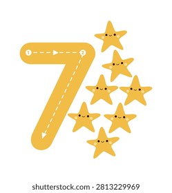 Number seven tracing guide with dashed arrows and seven smiling star characters for early learning. Concept of counting, handwriting practice, and preschool numeracy skills. Cartoon vector illustration.