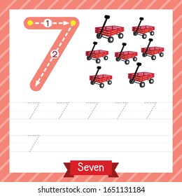 Number seven tracing practice worksheet with 7 wagons for kids learning to count and to write. Vector Illustration.