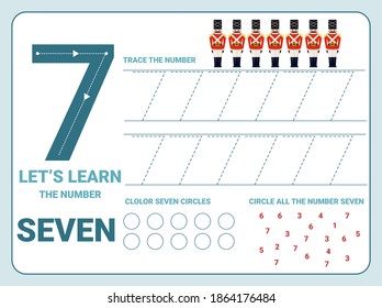 Number seven tracing practice worksheet with 7 christmas tin soldier for kids learning to count and to write. Worksheet for learning numbers. Number 7. Training write and count numbers. Coloring exerc