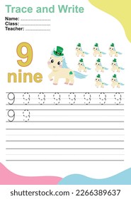 Number seven tracing practice worksheet with nine unicorns celebrating the St. Patrick’s Day for kids learning to count and to write. Vector Illustration. Exercise for children to recognize the number