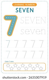 Number seven tracing. Preschool worksheets. Writing practice for kids. Vector design.