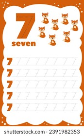 Number seven. Track and write. Handwriting practice. Learning numbers for children. Educational Development Worksheet. Activity page. Game for kids and preschoolers. cards for children with numbers