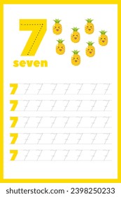 Number seven. Track and write. Handwriting practice. Learning numbers for children. Educational Development Worksheet. Activity page. Game for kids and preschoolers. cards for children with numbers.