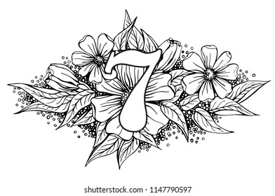 Number Seven. Vector hand drawn Floral number with vintage amazing flowers. Perfect for backgrounds of flyers, posters, invitations, cards, webs graphics, blogs, banners, and more.