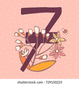 Number Seven. Vector hand drawn floral monogram decorated with fruits and flowers. Perfect for posters, invitation, greeting card, webs graphics, blog, banner, logo