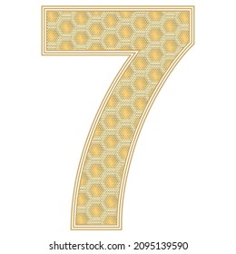 Number Seven Vector Illustration. Number 7 With Random Size Hexagonal Honeycomb Pattern Isolated On A White Background
