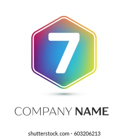 Number seven vector logo symbol in the colorful hexagonal on grey background. Vector template for your design