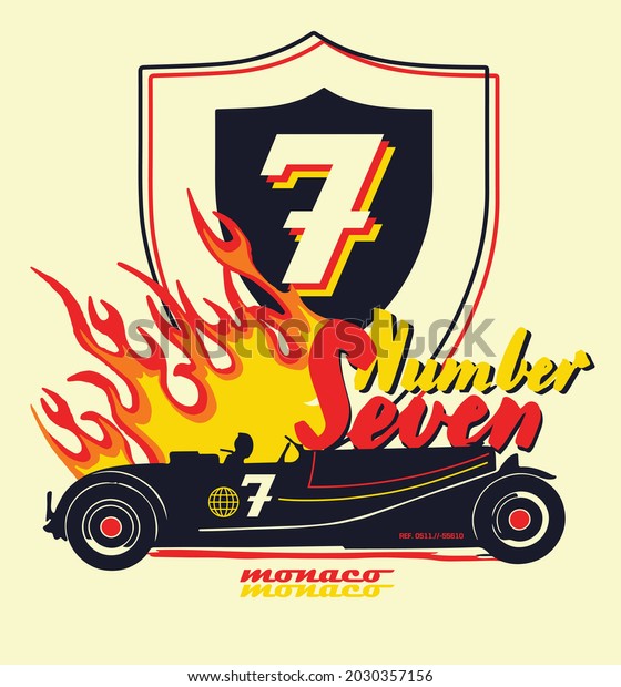 Number seven with vintage car and flame for tee\
and poster