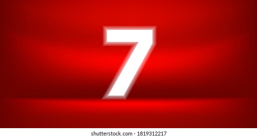 Number seven white glow on red luxurious background, No. 7 on red background, Number 7 for Banner Anniversary