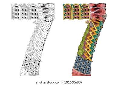 Number seven zentangle for coloring. Vector decorative object