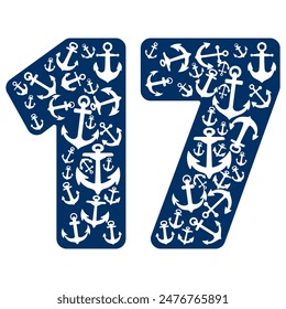 Number Seventeen With Anchor Pattern. Number 17 Isolated On A White Background
