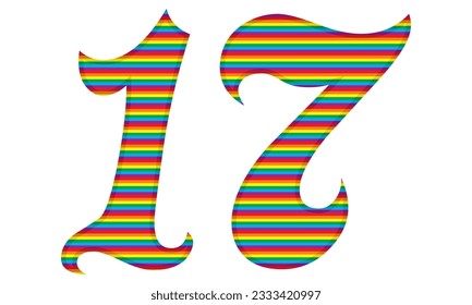 Number Seventeen With Rainbow Colors Pattern Vector Illustration. Number 17 In LGBT Flag Colors