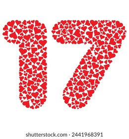 Number Seventeen With Red Hearts Love Pattern Vector Illustration. Number 17 Isolated On A White Background
