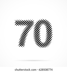 Number Seventy, 70 in halftone. Dotted illustration isolated on a white background.
Vector illustration.