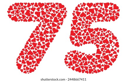 Number Seventy Five With Red Hearts Love Pattern Vector Illustration. Number 75 Isolated On A White Background
