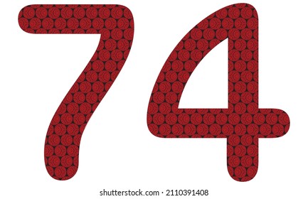 Number Seventy Four With Abstract Spheres Pattern Vector Illustration. Red And Black Number 74 Isolated On A White Background

