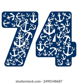 Number Seventy Four With Anchor Pattern. Number 74 Isolated On A White Background
