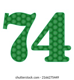 Number Seventy Four With Leaves Pattern Vector Illustration. Green Number 74 With Ecological Texture Isolated On A White Background
