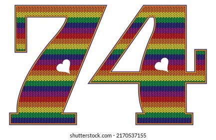 Number Seventy Four With Rainbow LGBT Pattern. Number 74 Isolated On A White Background. Knitted Pattern In LGBT Flag Colors
