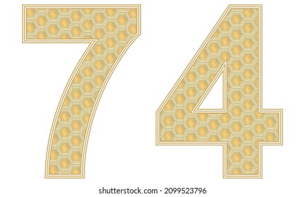 Number Seventy Four Vector Illustration. Number 74 With Random Size Hexagonal Honeycomb Pattern Isolated On A White Background
