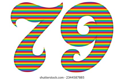 Number Seventy Nine With Rainbow Colors Pattern Vector Illustration. Number 79 In LGBT Flag Colors
