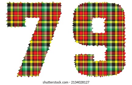 Number Seventy Nine With Textile Texture. Number 79 With Plaid Pattern Isolated On A White Background
