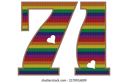 Number Seventy One With Rainbow LGBT Pattern. Number 71 Isolated On A White Background. Knitted Pattern In LGBT Flag Colors
