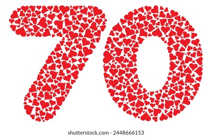 Number Seventy With Red Hearts Love Pattern Vector Illustration. Number 70 Isolated On A White Background
